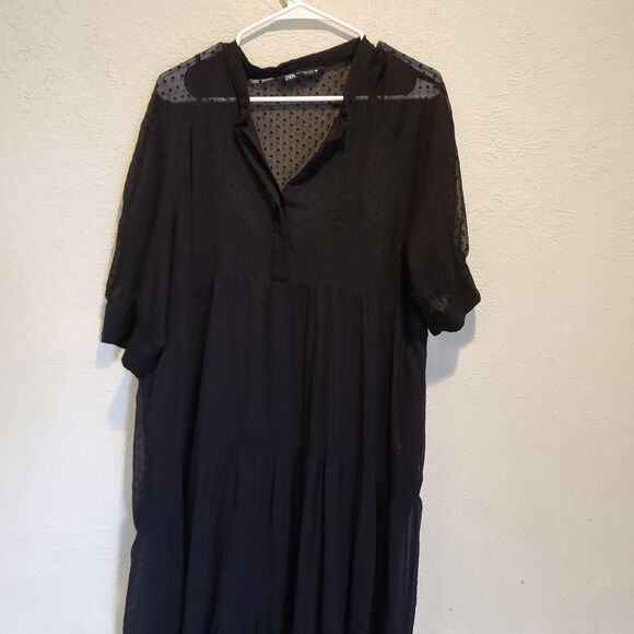 Zara Swiss Dot Long Sleeve Tiered Smocked Maxi Dress Black X Large - Picture 3 of 8